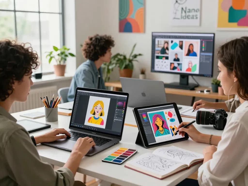 Collaborative workspace with creators using nano banana AI for innovative image editing.