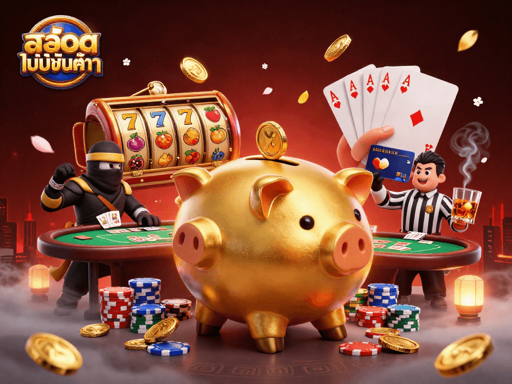 Watch the golden piggy bank sumo wrestler collect coins in สล็อตไม่มีขั้นต่ำ casino showdown.