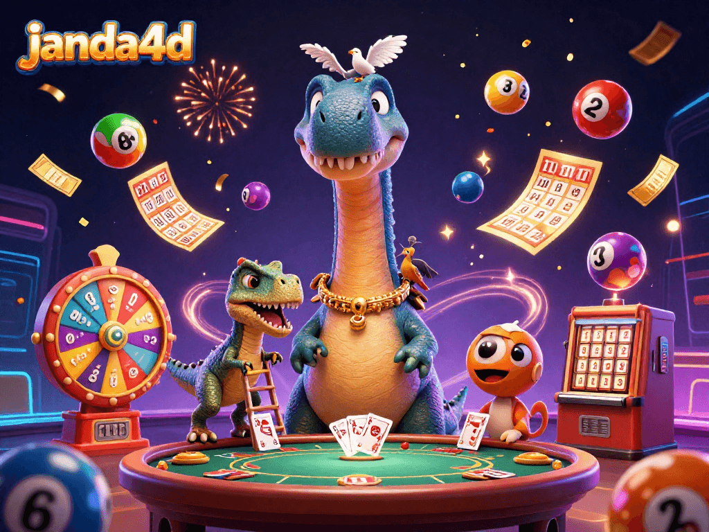 Menang dalam permainan kasino di JANDA4D dengan ilustrasi dino kartun dan bola lotre berwarna-warni.