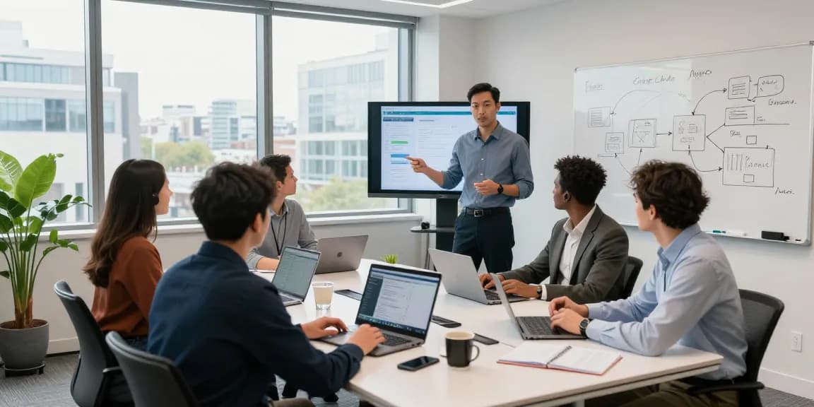 Collaboration scene showing small business IT support London professionals engaged in strategic discussions around a conference table.
