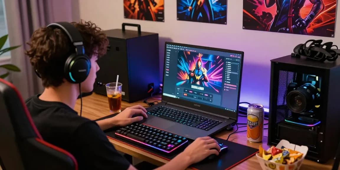 Pengguna KUDALIAR89 bermain di laptop dengan aksesori gaming dan suasana yang menyenangkan.