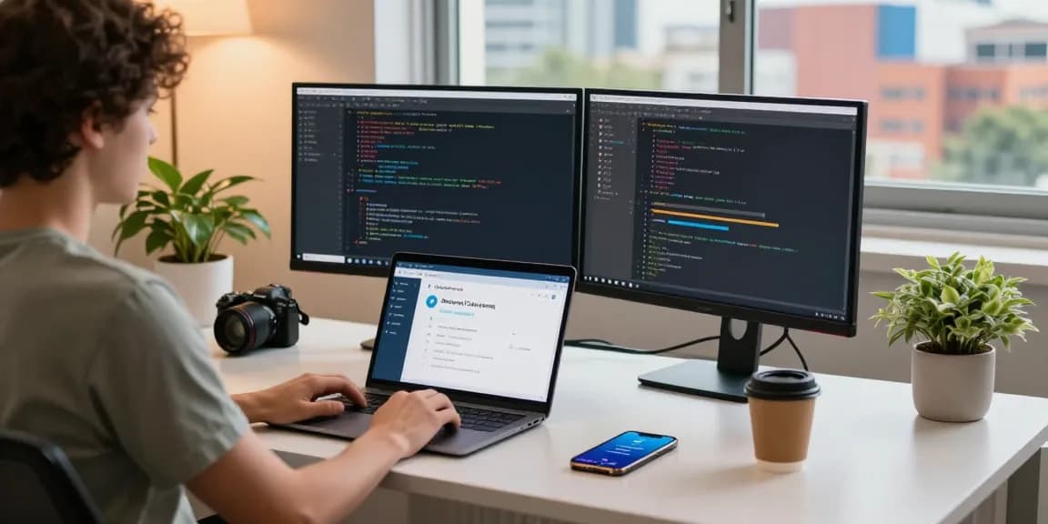 Engaging tech workspace with telegram中文版 interface visible on laptop, vibrant cityscape outside the window.