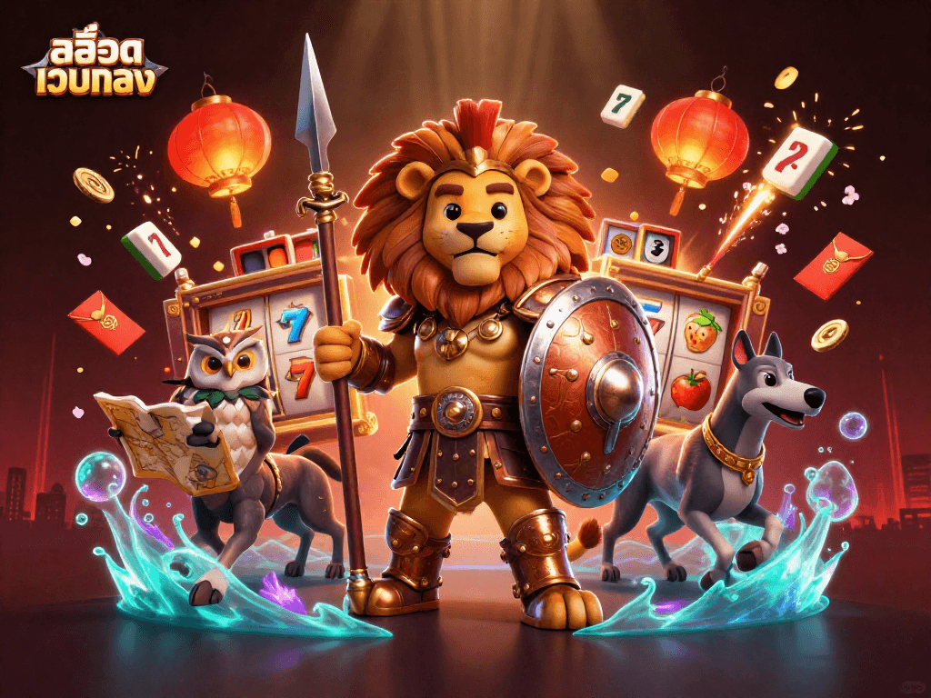 Experience the thrill of สล็อตเว็บตรง with an epic 3D illustration of a Spartan lion and his companions.