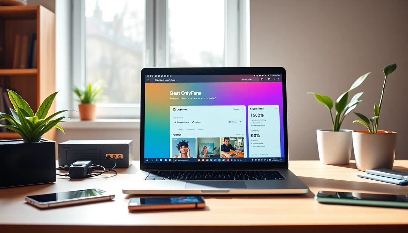 The best OnlyFans search tool displayed on a sleek laptop in a modern workspace.