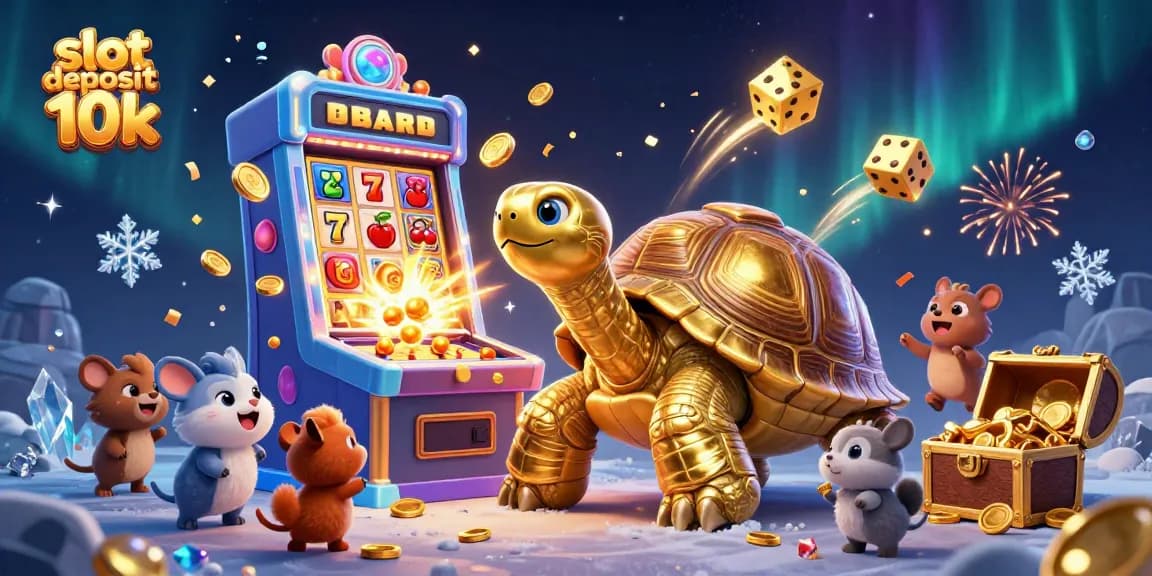 Engage with slot deposit 10k excitement as golden tortoise and animals celebrate a jackpot explosion.