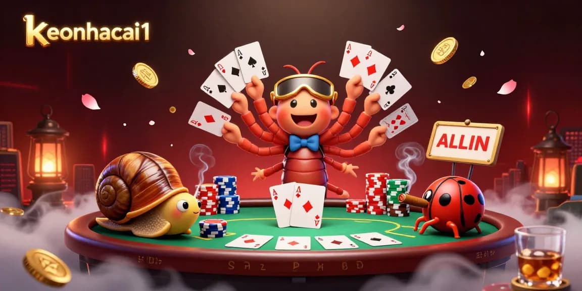 Experience thrilling bets with keonhacai1 as colorful poker chips and cartoon dealers animate the casino scene.