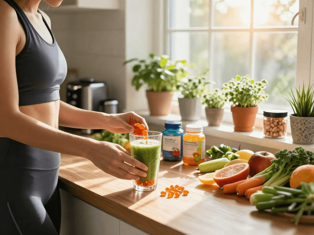 Health-conscious individual preparing smoothie with astaxanthin softgels in bright kitchen.