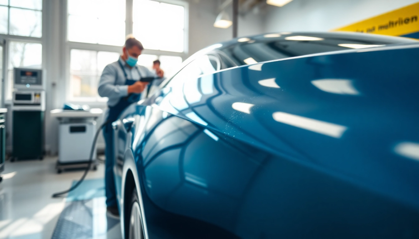 Experience car detailing near me with a professional detailer cleaning a shiny vehicle in a bright workshop.