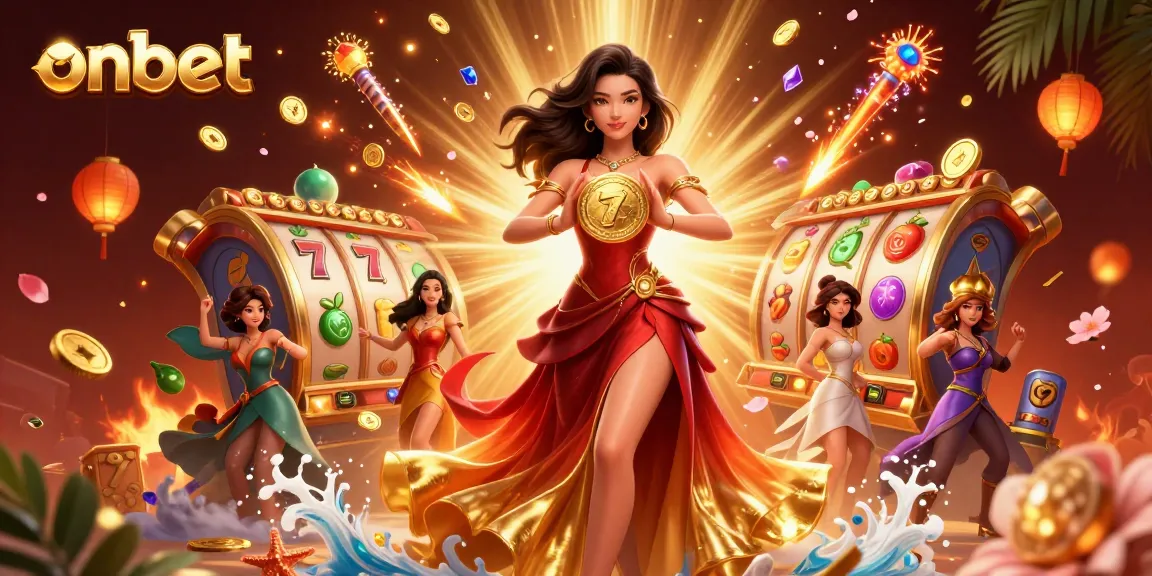 Experience the thrill of gaming at onbet with a glamorous Asian woman showcasing vibrant casino elements.