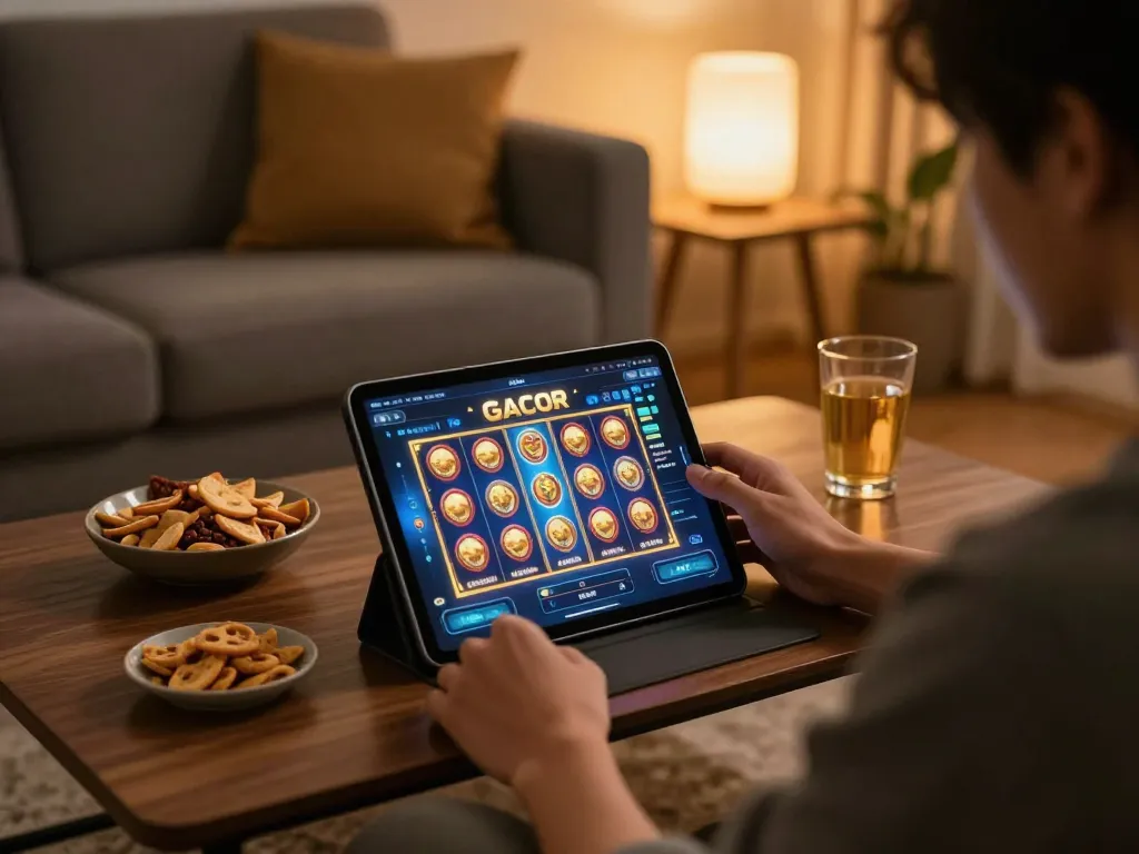 Playing slot gacor on a tablet in a cozy living room with snacks and drinks