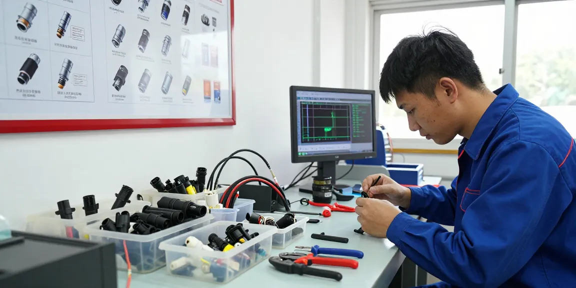 Technician inspecting automotive electrical connectors, showcasing precision and quality by automotive electrical connector manufacturers.
