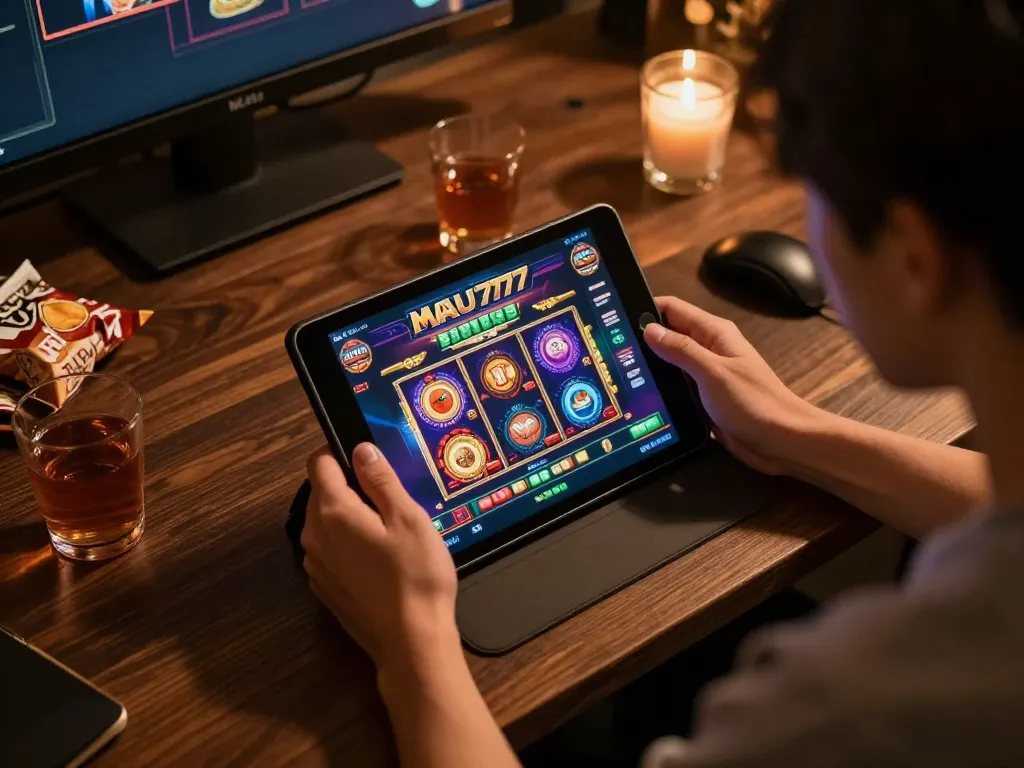 Engaging with the MAU777 daftar on a tablet during a cozy online gaming session at home.