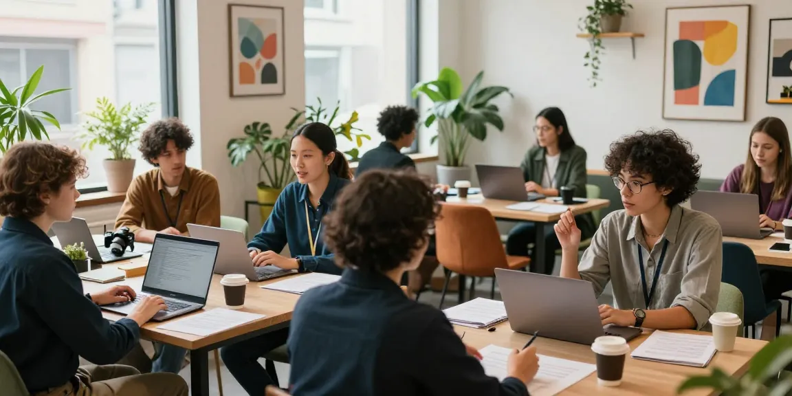 Self-employed professionals collaborating in a vibrant co-working space.