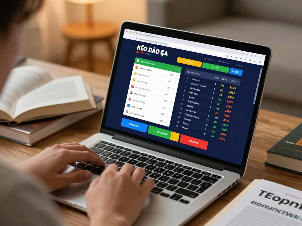 Using kèo nhà cái on a laptop for conscious sports betting choices in a cozy environment.