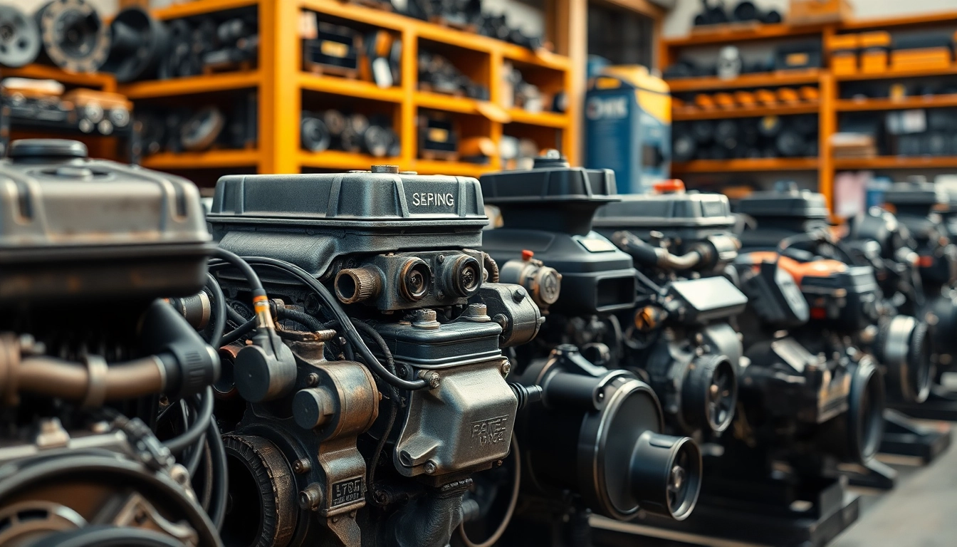 Showcase of various used engines in a detailed, professional workshop setting.