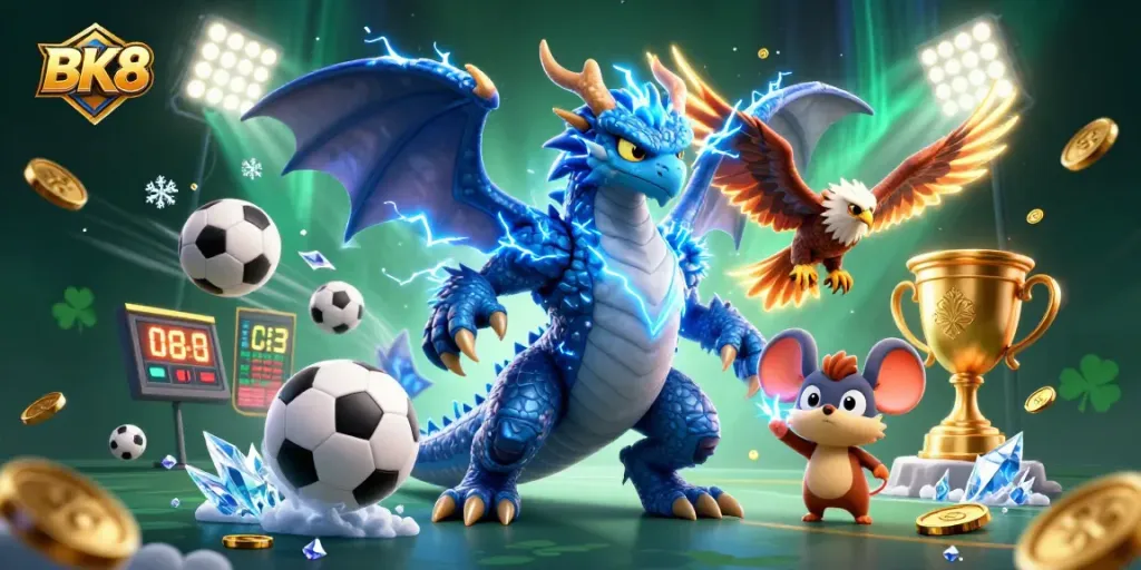 Betting at BK8 with dynamic 3D characters and sports elements creating an engaging casino atmosphere.