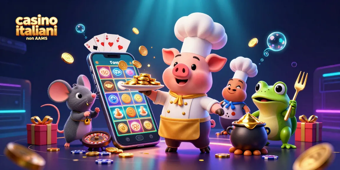 Vivi l'emozione con i casino italiani non AAMS mentre un maialino chef serve monete d'oro in una vivace scena 3D.