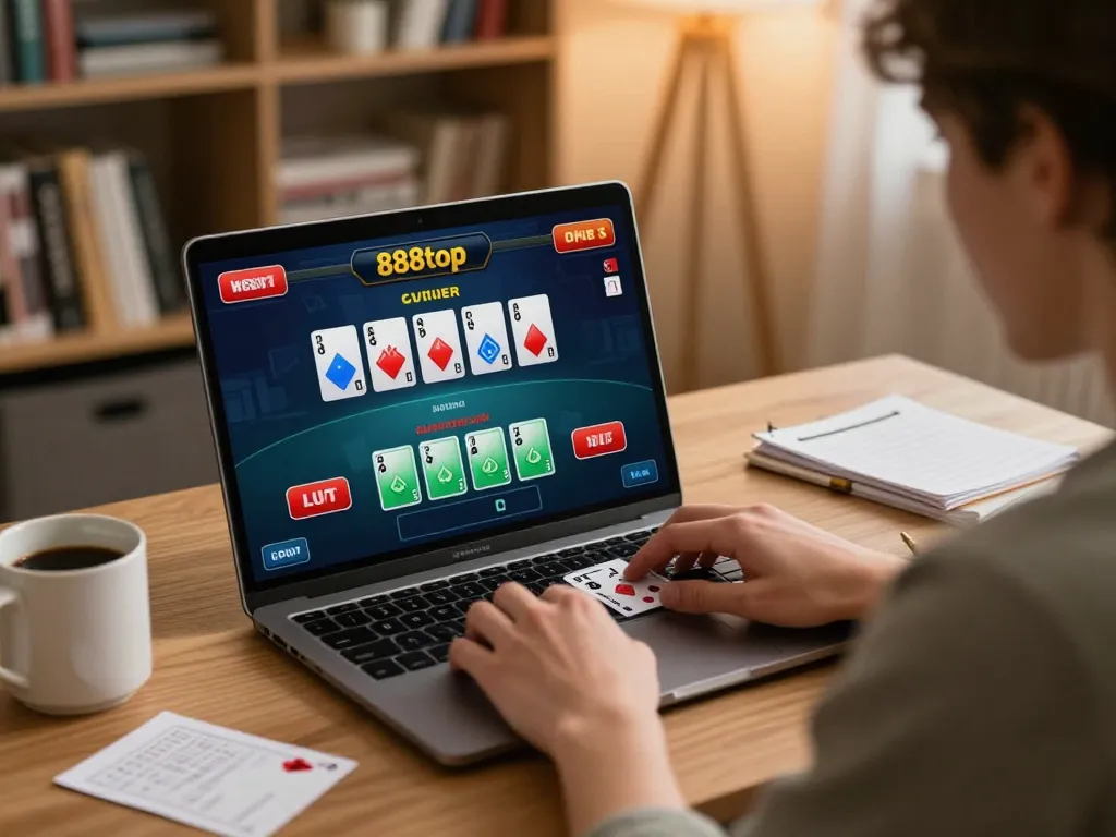 Engaging in a live blackjack game on 888top app from home, enhancing online gambling experience.
