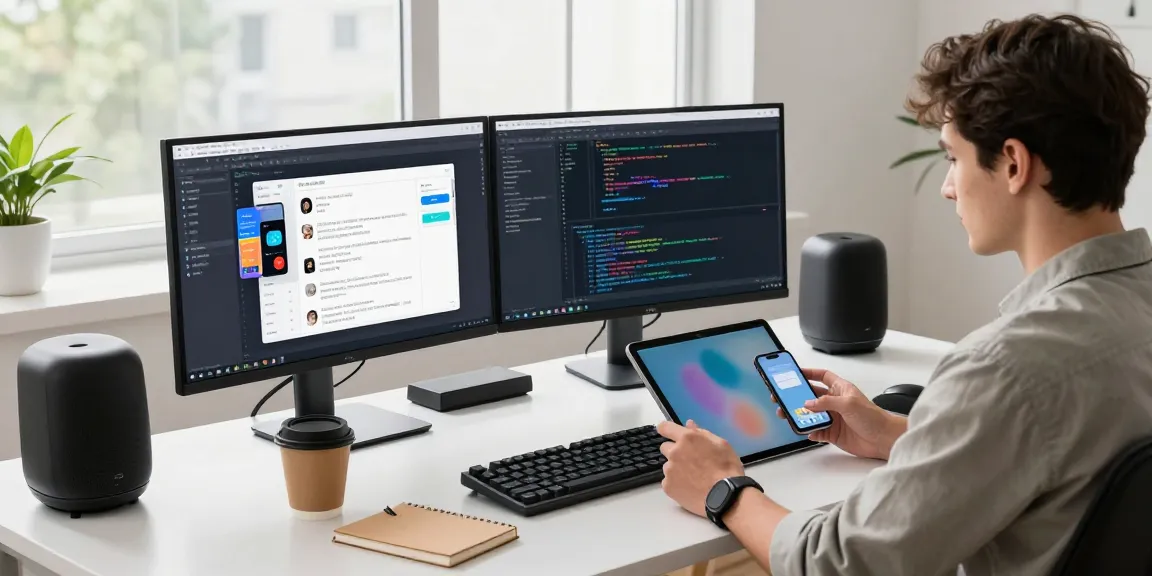 Innovative workspace showing a professional engaging with 纸飞机中文版 features on multiple screens in a bright office.