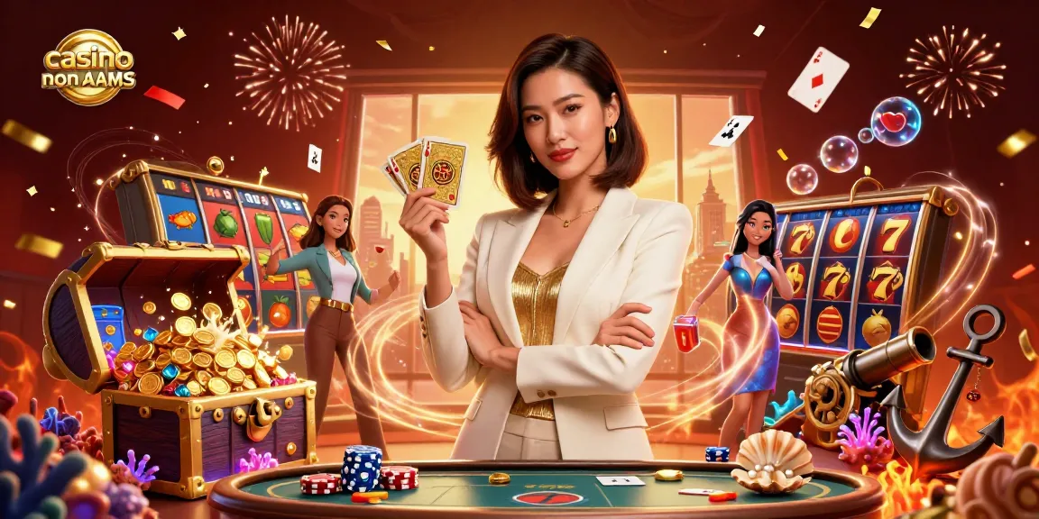 Scena coinvolgente di casinò italiani non AAMS con un'elegante donna asiatica che mostra elementi di gioco dinamici.