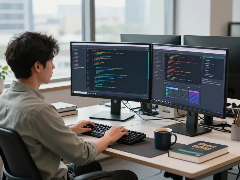Developer optimizing openclaw AI integration at a modern workstation with multiple monitors.