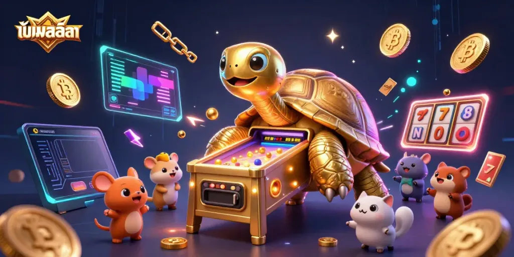 Engage in thrilling "ชื่อเกมสล็อต" action with a vibrant 3D illustration featuring a colossal tortoise pinball machine amidst crypto elements.