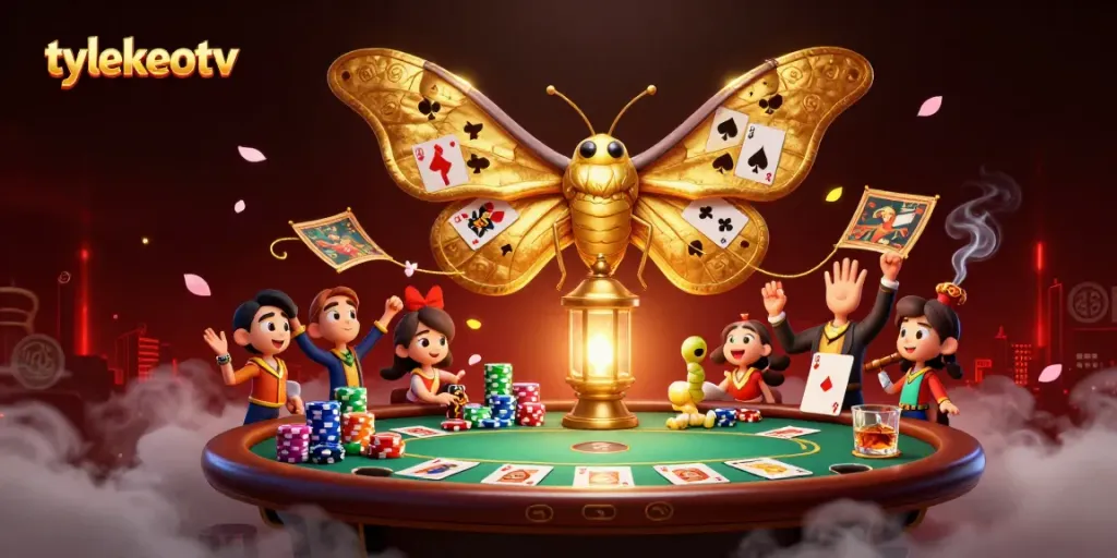 Engage with tylekeotv's vibrant online casino scene featuring golden moths and poker elements.