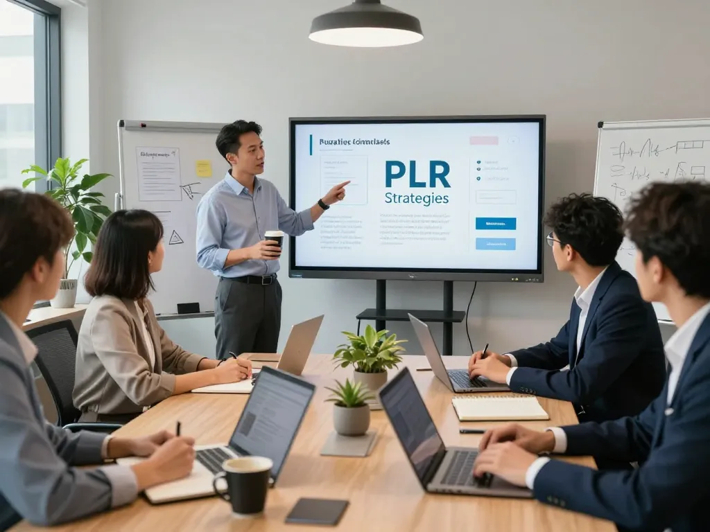 Team collaboration discussing strategies to Purchase PLR Content in a modern office.
