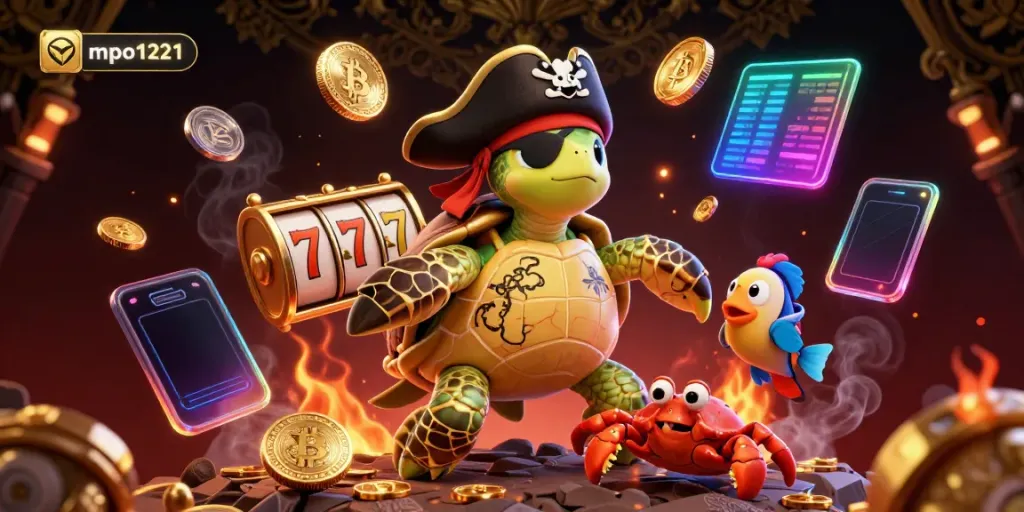 Engage with crypto-themed slot games featuring mpo1221, showcasing a turtle pirate amidst golden treasures and vibrant game elements.