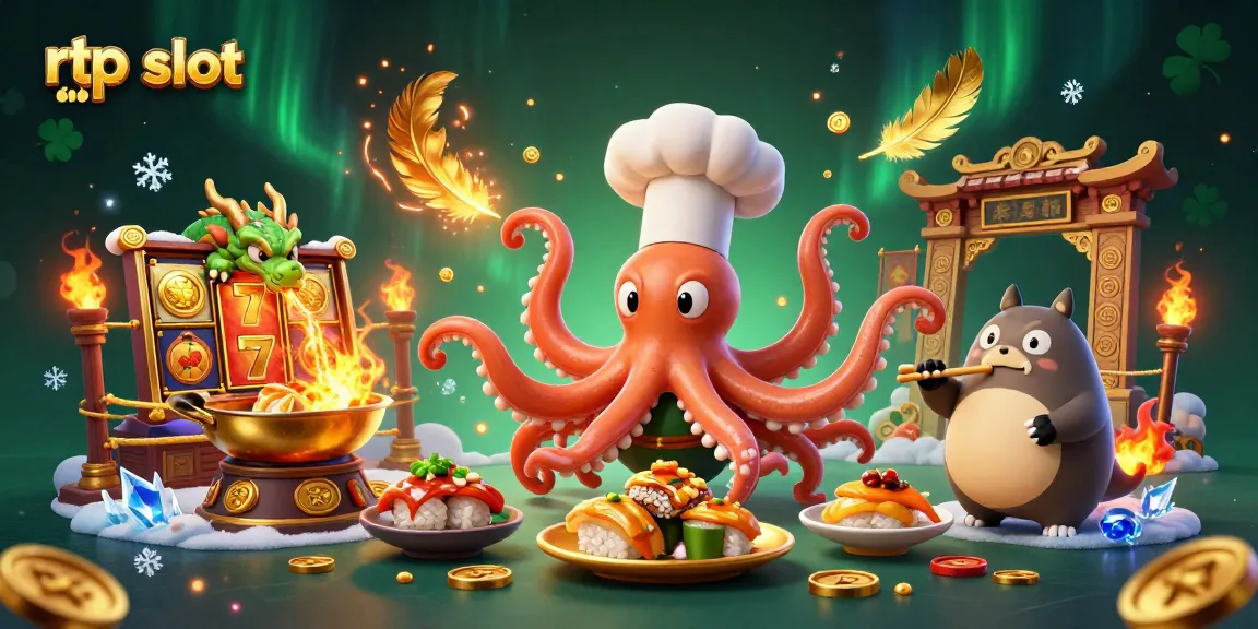 Engaging scene showcasing rtp slot characters with a sushi chef octopus and dragon in a casino setting