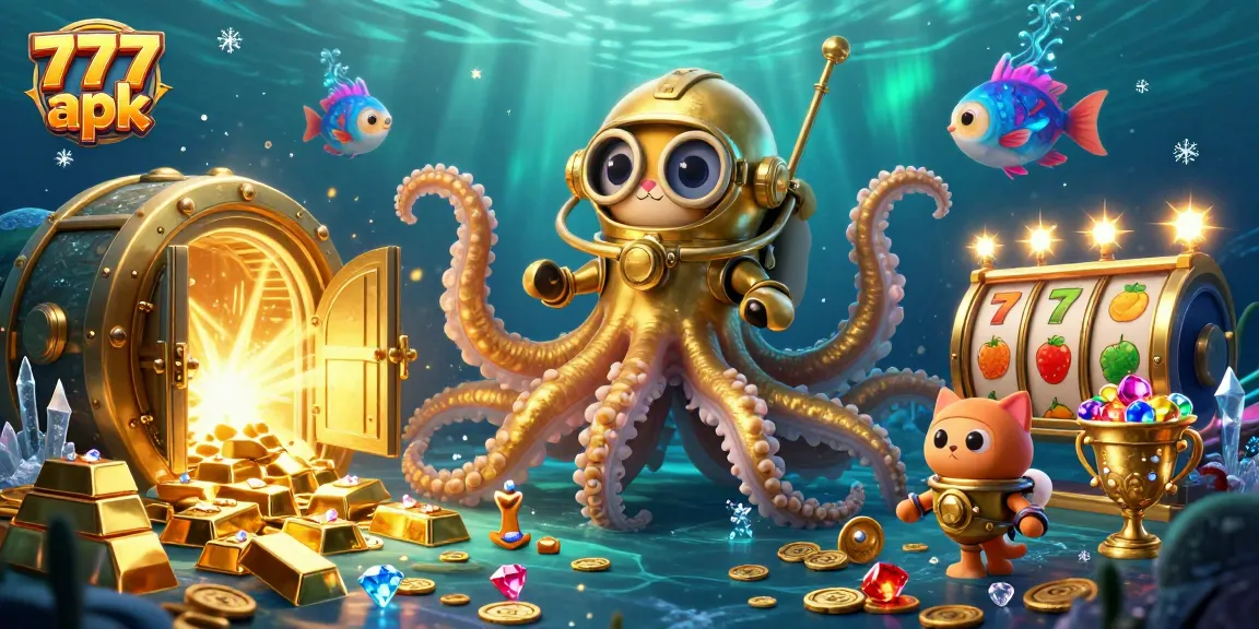 Play thrilling 777 apk slots surrounded by golden treasures and deep-sea adventure elements in this vibrant 3D illustration.
