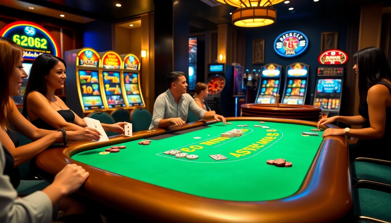 Players engaging in a thrilling game at S8 Casino with vibrant blackjack tables and spinning roulette wheels.
