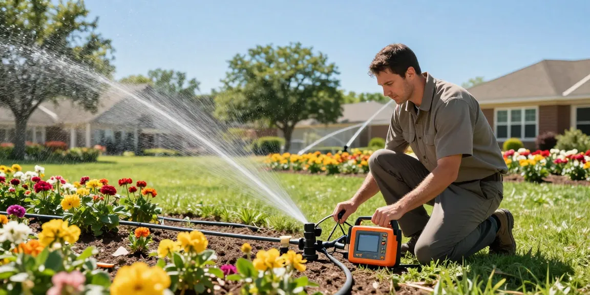 Professional Irrigation Services in Benbrook, TX, featuring a technician assessing an irrigation system in a vibrant garden.