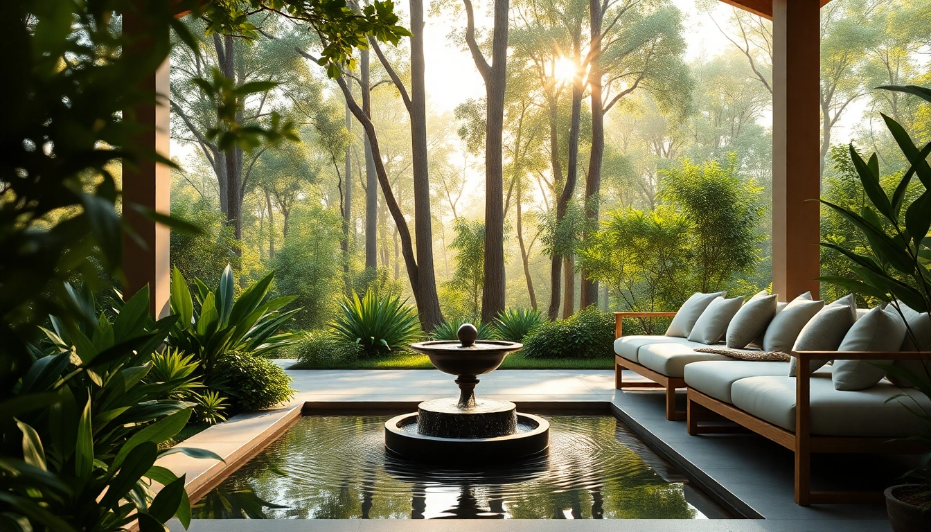 Experience tranquility at a wellness retreat with lush gardens, sunlight, and peaceful seating.