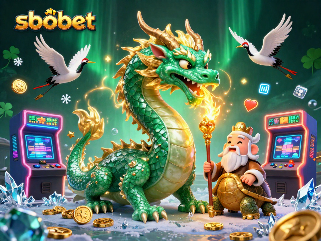 Engage in sbobet sports betting with a majestic dragon, wise turtle, and lucky cranes in a vibrant gaming scene.