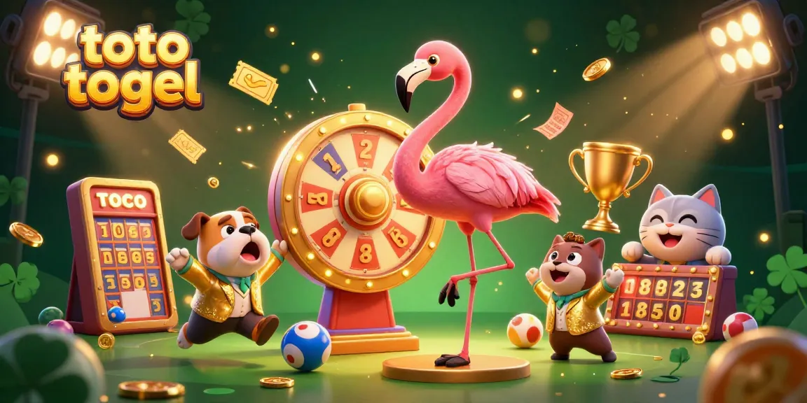 Putar roda hadiah raksasa di kegembiraan lotere toto togel dengan karakter animasi dan elemen berwarna-warni.