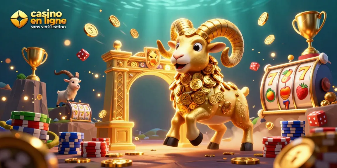 Visitez un casino en ligne sans vérification et explorez des machines à sous emblématiques avec un bélier doré dans l'illustration.