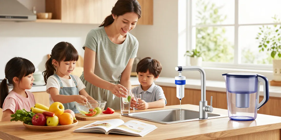 AQUACREST AP5527 Reverse Osmosis Pre and Post Water Filter Cartridge in a bright kitchen scene during a family gathering.