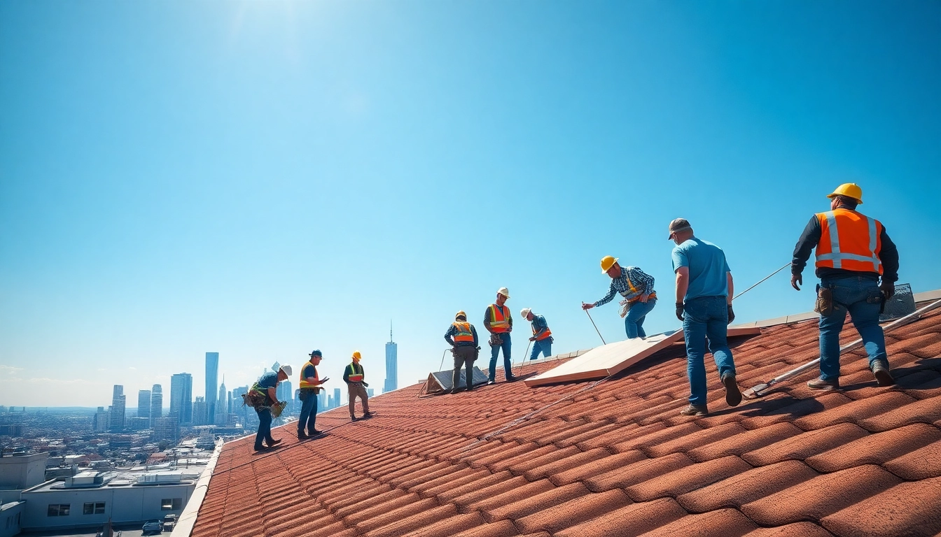 Highlighting commercial roofing services, a skilled team inspects a rooftop installation.