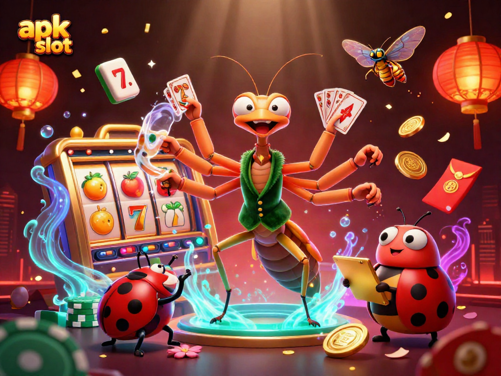 Engage with apk slot gameplay featuring vibrant 3D characters, slots, and festive casino elements