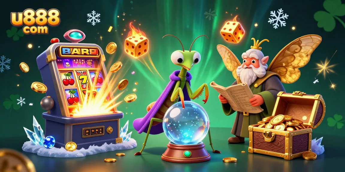 Experience thrilling gaming action with u888 com's vibrant casino illustration, featuring exciting slot symbols and magical characters.