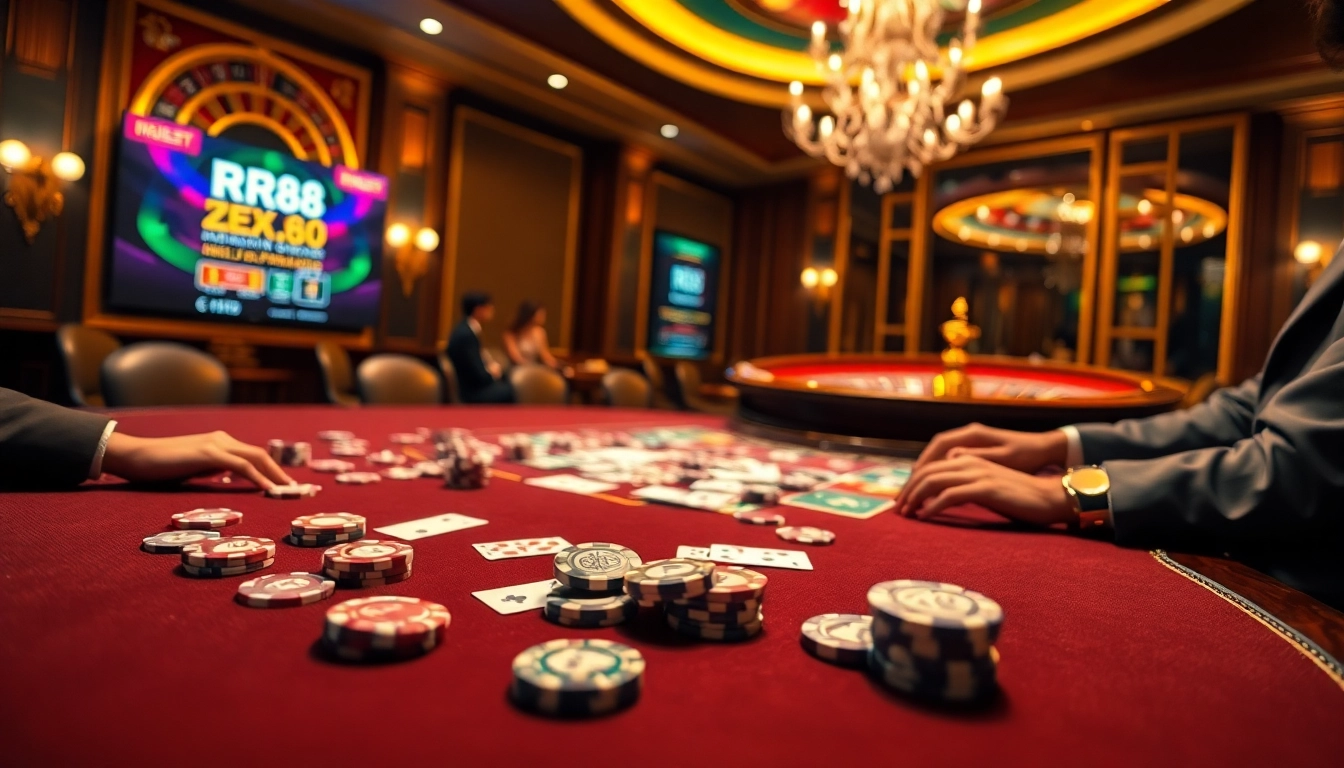 Experience thrilling gameplay at RR88 casino with vibrant gaming tables and promotional excitement.