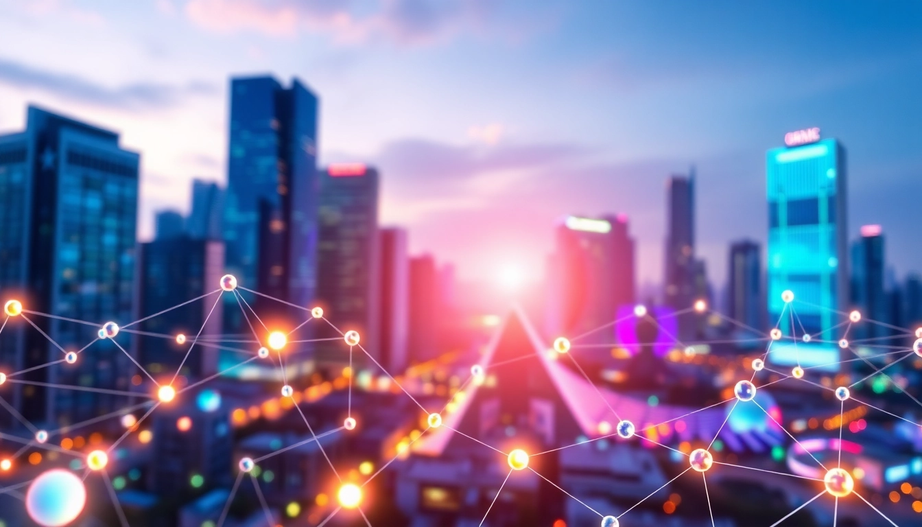 EORMC AI blockchain technology illustrated with dynamic connections and a futuristic city backdrop.