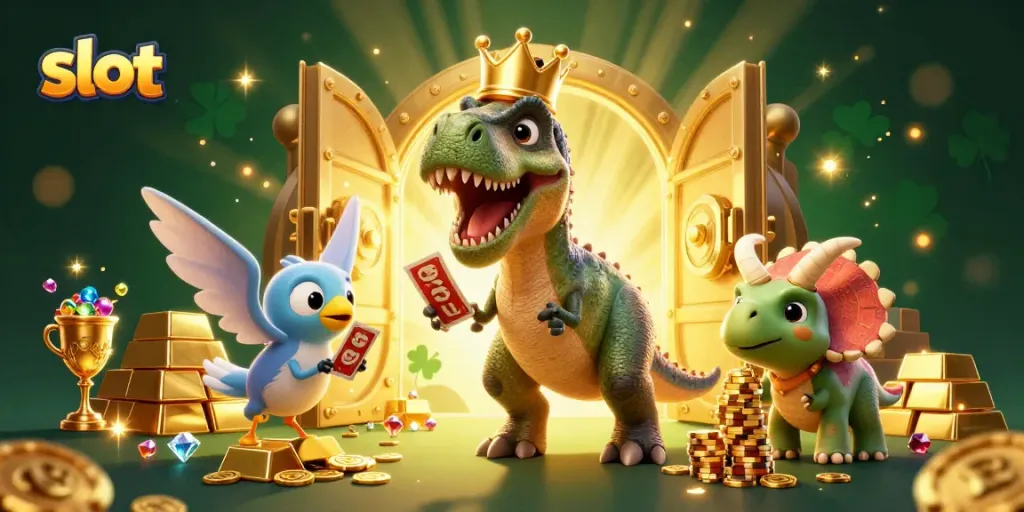 Slot gacor dengan T-Rex ramah bermahkotakan emas yang mencoba mengocok kartu sambil didampingi pterodactyl.