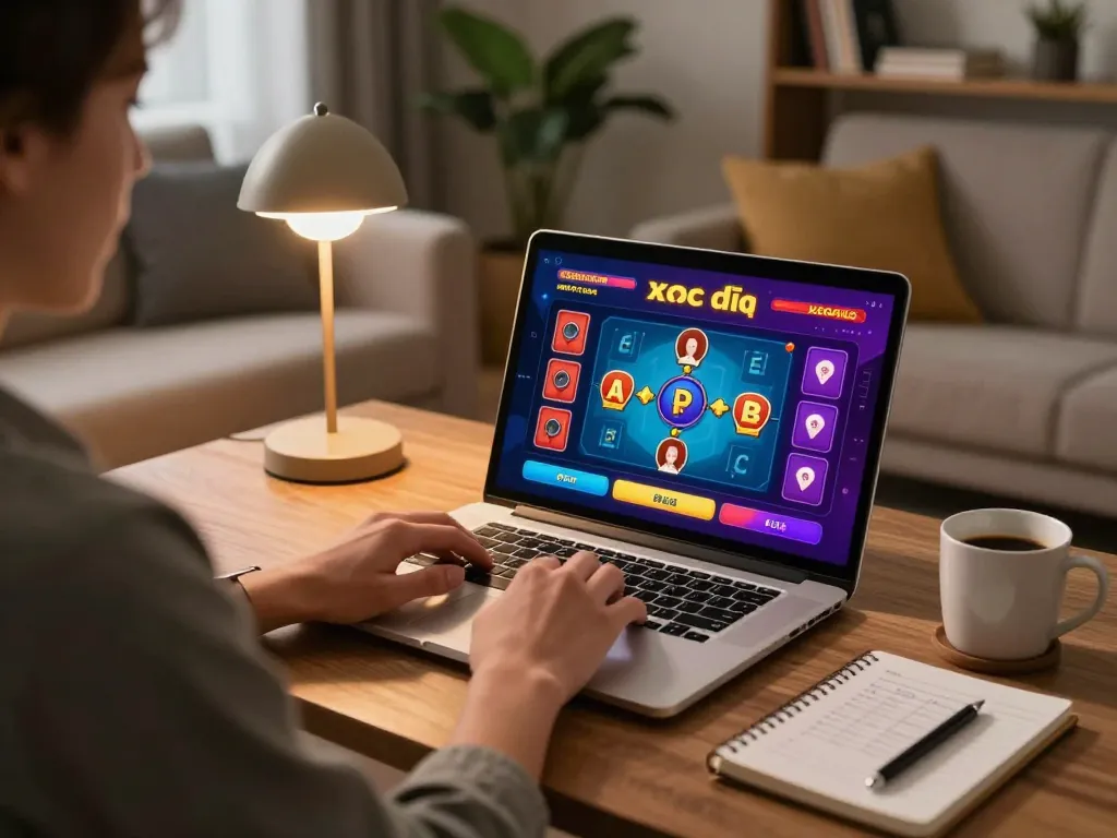 Engaging in xóc đĩa online from a cozy living room setup with vibrant game interface and strategic notes.