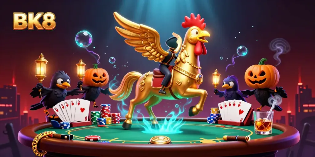 Experience thrilling poker action at BK8 with a golden rooster headless horseman in a dynamic casino scene.