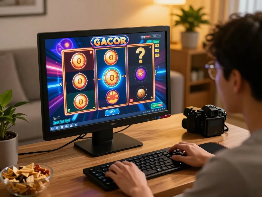 Bermain slot gacor online dengan penuh semangat di rumah saat malam yang nyaman.