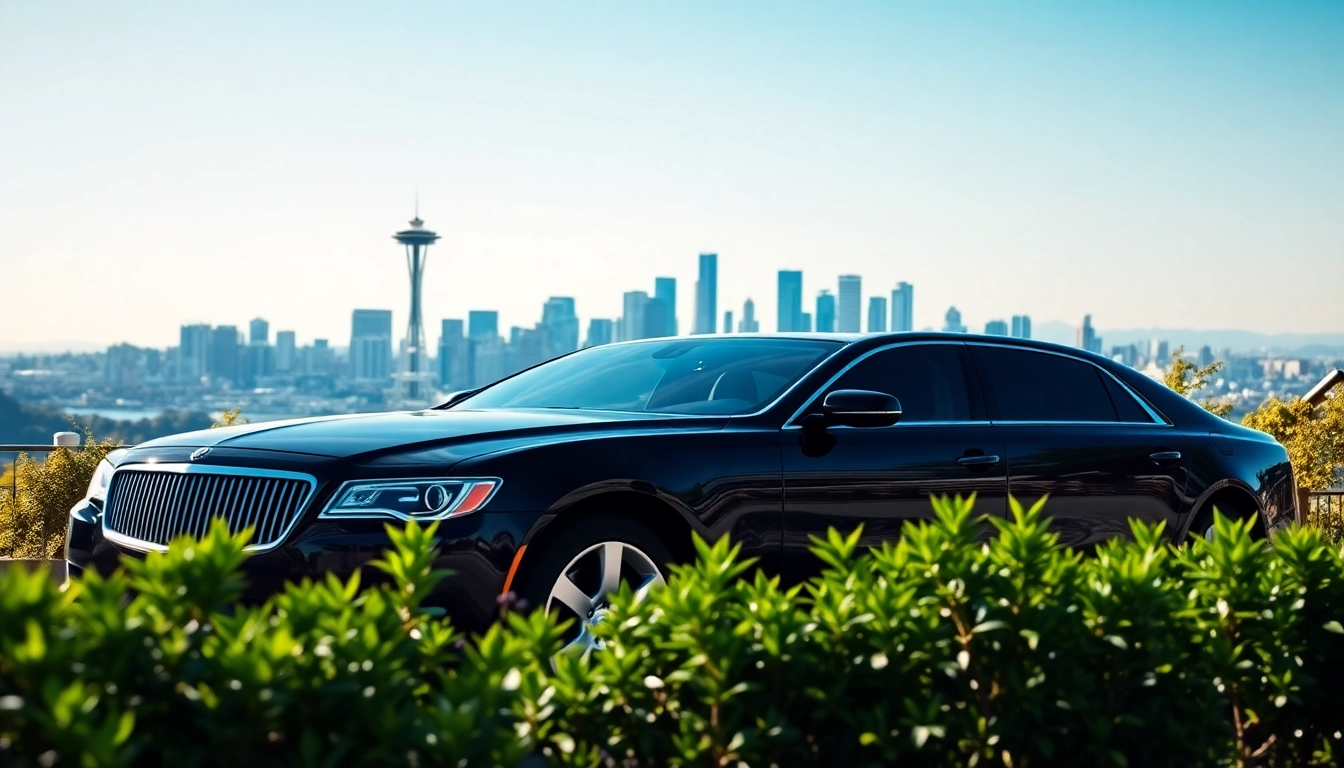 Luxury vancouver to seattle limo parked with a stunning Seattle skyline view.