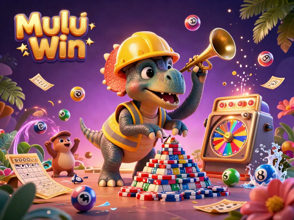 Mulu Win showcases a joyful 3D scene with a triceratops building poker chips amid colorful lottery elements, celebrating gaming fun.
