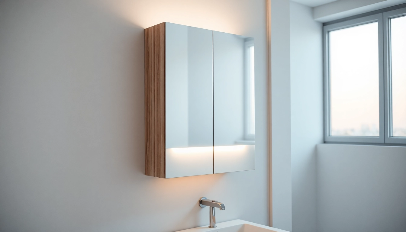 Spiegelschrank mit LED Beleuchtung leuchtet stilvoll in modernem Badezimmer.